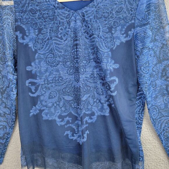 Chicos Blue Paisley Sheer Layered Tunic Top Size 0 Long Sleeve V Neck Flowy - Picture 10 of 13